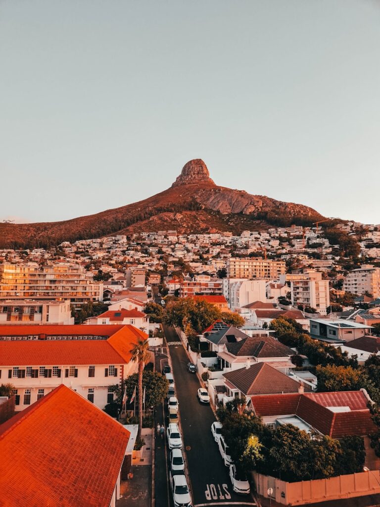 Cityscape with a large mountain in the background.